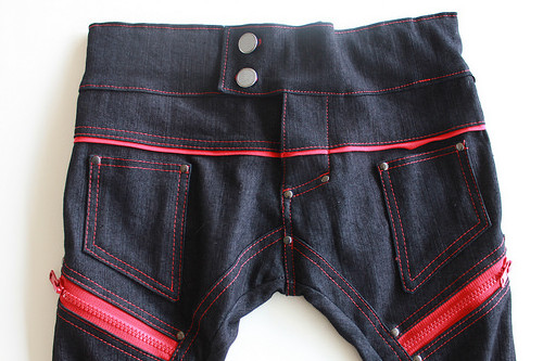 I used plenty of topstitching in a contrasting red thread on these jeans for my godson Akki